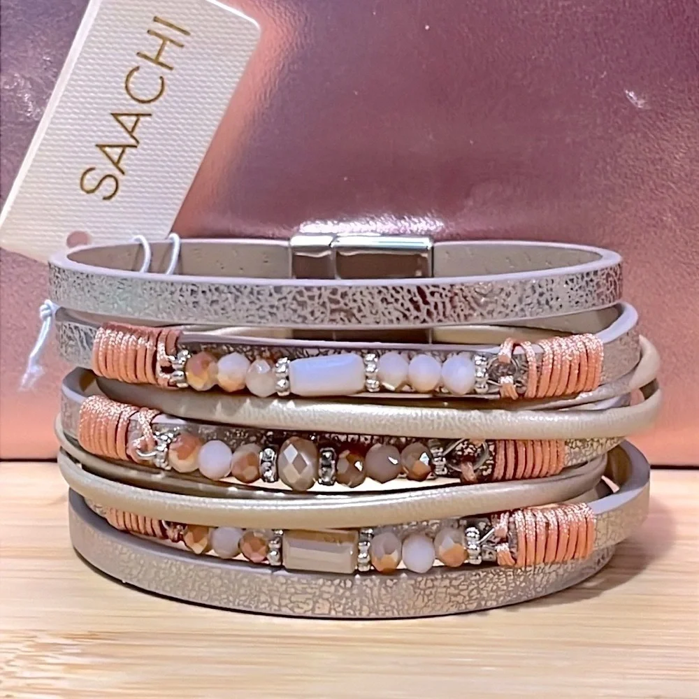 Brand New Multi-Strap Beaded Vegan Leather Wrap Magnetic Clasp Metallic Bracelet